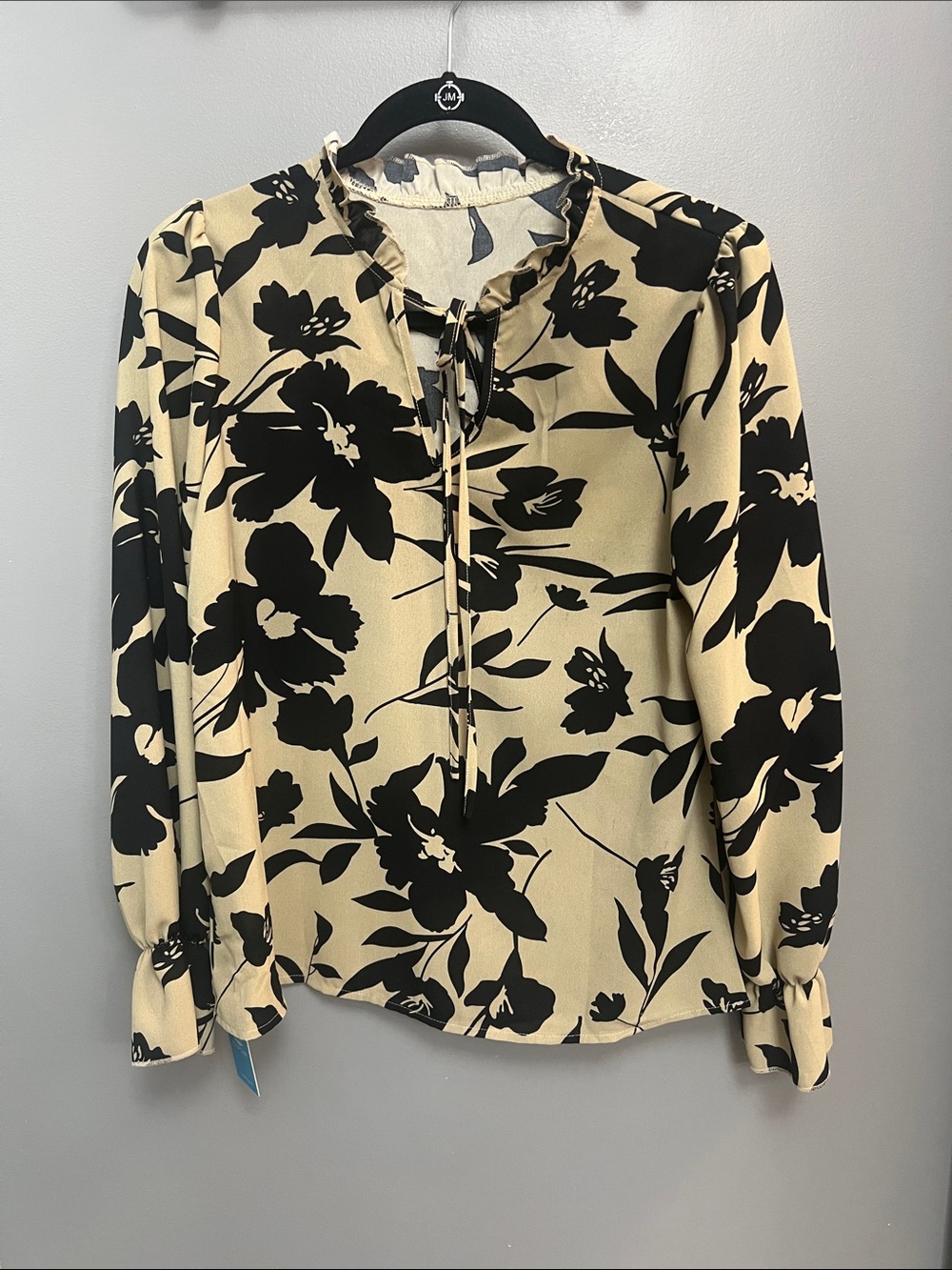 Women’s Black Floral Tie-Neck Blouse - Cream/Black